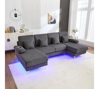 Moderno sofá U con iluminación LED ambiental y marco de madera maciza con puerto USB-C, 4 cojines de lujo y respaldo ergonómico premium, color gris