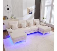 Moderno sofá U con iluminación LED ambiental y marco de madera maciza con puerto USB-C, 4 cojines de lujo y respaldo ergonómico premium, color beige