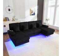 Moderno sofá U con iluminación LED ambiental y marco de madera maciza con puerto USB-C, 4 cojines de lujo y respaldo ergonómico premium, color negro