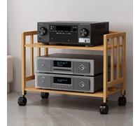 Moderno soporte AV ajustable: soporte multifuncional para TV móvil con estantes de madera, estante de audio de suelo y espacio de almacenamiento abierto para sistema de entretenimiento en el hogar