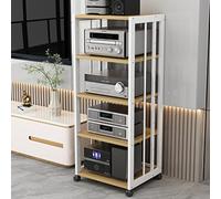 Moderno soporte de audio con almacenamiento multimedia de 5 niveles, estante móvil para tocadiscos, gabinete de consola de juegos, color blanco y acabado de nogal claro, perfecto para configuración de