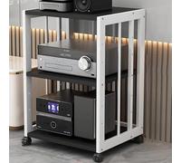Moderno soporte de audio de 5 niveles con ruedas para tocadiscos y consolas de juegos, elegante estante de almacenamiento de medios blanco y negro, perfecto para entretenimiento en casa