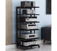 Moderno soporte de audio de nivel negro y teca con estante de rueda de freno con gabinete AV para componentes multimedia, elegante estante de esquina para equipos de audio y video, diseño de estante