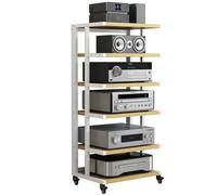 Moderno soporte de audio de nivel negro y teca con estante de rueda de freno con gabinete AV para componentes multimedia, elegante estante de esquina para equipos de audio y video, diseño de estante