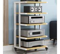 Moderno soporte de audio HiFi con rueda de freno, gabinete AV de 5 niveles para componentes multimedia, torre de audio de esquina en acabado blanco y madera de nogal