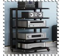 Moderno soporte de audio negro con rueda de freno, gabinete AV de 5 niveles para componentes multimedia, torre de audio de esquina para equipos estéreo, diseño abierto para un fácil acceso