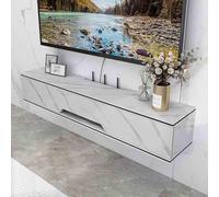 Moderno soporte de TV flotante para montaje en pared, consola multimedia de alto brillo con puerta de solapa superior, elegante armario de TV blanco y dorado, solución de almacenamiento elegante