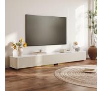 Moderno soporte de TV para sala de estar, centro de entretenimiento grande de 94.5 pulgadas con parte superior de piedra con almacenamiento, consola de TV blanca de 4 cajones para TV de más de 75