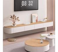 Moderno soporte flotante para TV, consola de entretenimiento multimedia montado en la pared, banco de almacenamiento grande de 300 cm para sala de estar y oficina (blanco + madera)