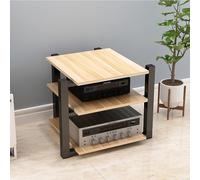 Moderno soporte multimedia AV con consola de reproductor de discos, estante de componentes de audio estéreo y soporte de TV multiusos, color marrón.