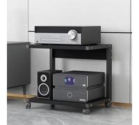 Moderno soporte multimedia AV con ruedas, estantería de audio y video de 2 niveles, consola de almacenamiento de madera, estante estéreo, centro de entretenimiento de esquina para sala de estar y