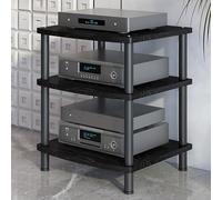 Moderno soporte multimedia AV de 3 niveles, marco de acero al carbono, almacenamiento de madera para televisores, reproductores de DVD y accesorios, diseño abierto, negro, 60 x 54 x 66 cm, elegante