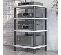 Moderno soporte multimedia AV de 4 niveles, elegante estante de audio de acero al carbono y armario de almacenamiento de madera para reproductores de DVD, accesorios de TV, diseño abierto, acabado