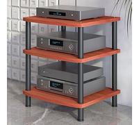 Moderno soporte multimedia de 3 niveles de acero al carbono, estante abierto de madera para reproductores de DVD y accesorios, elegante centro de entretenimiento, color marrón (60 x 54 x 66 cm)