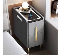 Moderno soporte nocturno estrecho gris claro con estación de carga para ahorrar espacio, mesa de madera con 2 cajones para almacenamiento de dormitorio, fácil de montar en el lateral.