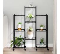Moderno soporte para flores de hierro negro con ruedas - 83 x 25 x 103,5 cm. Versátil soporte para plantas y base para macetas. Expositor de flores para interior y exterior. Elegante maceta.