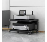 Moderno soporte para impresora de 2 niveles con ruedas, estante de almacenamiento de medios AV de madera, estante estéreo y torre de audio, centro de entretenimiento en esquina para oficina en casa y
