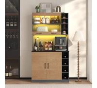 Moderno tablero de cocina con iluminación LED ambiental, 100 x 47 x 187 cm, gran espacio de almacenamiento para microondas, vajilla y utensilios de cocina, estantes de altura regulable, madera MDF