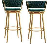 Moderno taburete alto de terciopelo con respaldo y reposapiés, asiento redondo de metal giratorio de 360 grados, juego de 2 (verde, 65 cm)
