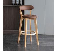 Moderno taburete de bar de 28 pulgadas de altura con tapicería de piel sintética, patas de madera maciza y reposapiés, cómodo asiento acolchado para isla de cocina o comedor, color marrón, una sola
