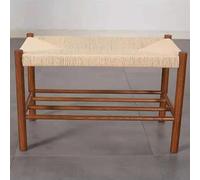 Moderno taburete otomano de estilo rústico tejido a mano con cuerda de algodón, banco y estante de roble natural, almacenamiento para interiores y exteriores, para entrada y pasillo, color negro, 110