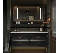 Moderno tocador de baño con espejo LED inteligente, cajones y grifo, solución de almacenamiento que ahorra espacio para baños contemporáneos