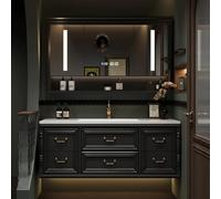 Moderno tocador de baño con espejo LED inteligente, cajones y grifo, solución de almacenamiento que ahorra espacio para baños contemporáneos