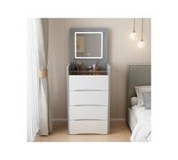 Moderno tocador de maquillaje con espejo grande e iluminación, elegante tocador gris con cajones, ideal para dormitorio o vestidor