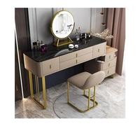 Moderno tocador de maquillaje con espejo y cajones espaciosos, color champán, diseño compacto, incluye taburete de maquillaje y armario de almacenamiento, elegante tocador para dormitorio o vestidor