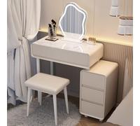 Moderno tocador de maquillaje LED con respaldo y espejo ajustable de 3 colores, juego de tocador compacto para habitaciones pequeñas, incluye cajón y taburete, ideal para dormitorio moderno