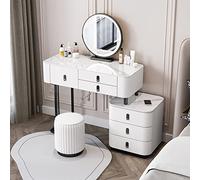 Moderno tocador giratorio de 360° con luces LED, elegante tocador con 6 cajones y taburete acolchado, 3 opciones de color, 120 cm, diseño blanco y negro