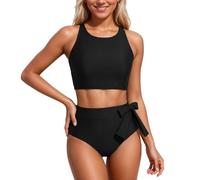 Moderno traje de baño tankini de dos piezas para la playa para nadar y tiempo libre en diseño estampado, negro1, XXL