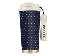 Moderno y elegante azul marino con lunares dorados,Taza de café de acero inoxidable 316 con cordón, vaso térmico de viaje para coche, 500 ml