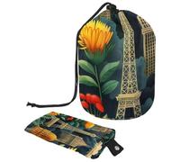 Moderno y práctico: bolsa de cosméticos portátil y plegable para mujeres, la solución de almacenamiento perfecta para maquillaje y artículos de tocador, flores y arquitectura, multicolor,