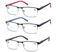 MODFANS Un Pack de 3 Gafas de Lectura Hombres Mujeres Anti Luz Azul,Rectangular Metal Acero Inoxidable - Lente Clara,Vision Clara - Ligeras Comodas,Colores Marron Azul Rojo