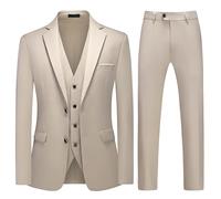 MODFUL Traje de 3 piezas para hombre, ajuste delgado, dos botones, formal, esmoquin, americana, chaleco, pantalones, conjunto de boda, beige, M