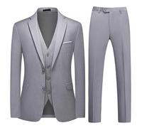 MODFUL Traje de 3 piezas para hombre, ajuste delgado, dos botones, formal, esmoquin, americana, chaleco, pantalones, conjunto de boda, gris claro, L