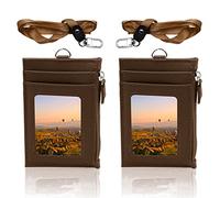 Modixun Paquete de 2 soportes de cuero para insignias con bolsillo con cremallera, cartera con cordón, soporte para tarjetas de identificación con 4 ranuras para tarjetas y 1 bolsillo con cremallera, café