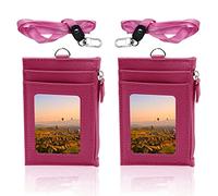 Modixun Paquete de 2 soportes de cuero para insignias con bolsillo con cremallera, tarjetero con cordón, soporte para tarjetas de identificación con 4 ranuras para tarjetas y 1 bolsillo con cremallera, color rojo rosa