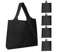 Modixun Paquete de 4 bolsas de comestibles plegables ultra grandes, reutilizables, resistentes, con bolsillo de fijación, bolsas de asas impermeables y reutilizables, lavables a máquina, color negro