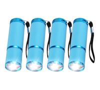 MODOAO Mini linterna LED de bolsillo, paquete de 4 linternas azules superbrillantes de 9 LED, funciona con pilas, linterna portátil colorida que brilla en la oscuridad, con cordones, para camping,
