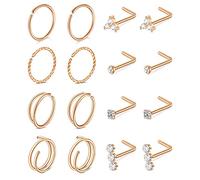 MODRSA Anillos de nariz, anillos de nariz, anillos de nariz de acero quirúrgico, piercings de nariz de doble aro para mujer, anillos de nariz de oro plateado, calibre 20, Metal, Acero inoxidable