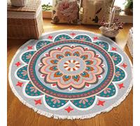 MODRYER Alfombra Bohemia Redonda Grande De Imitación Algodón Y Lino, Suave con Borlas, Antideslizante Y Lavable A Máquina, Ideal para Dormitorio Pasillo O Sala De Estar, 90cm/35.4in-F