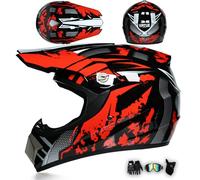 MODRYER Casco De Motocross Casco Integral con Gafas Guantes Máscara, Adultos Niño Chocar Casco para ATV Off Road Karting Scooter MTB BMX MX Enduro Quad Dirt Bike,Red-M/54~55cm