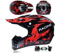 MODRYER Casco Motocross Hombre Mujer Casco Integral De Moto ECE Casco Cross para ATV Bicicleta Off Road Downhill Eduro Quad BMX MTB Jóvenes Adultos Casco De Descenso, con Gafas Guantes,Red-XL