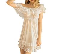 MODSGUE Camisón de encaje sexy para mujer, camiseta fina para dormir, sin mangas, hombros descubiertos, negligee ligero fuera de los hombros, pijama corto, Blanco, L