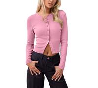 MODSGUE Cárdigan corto y ligero para mujer, elegante, manga larga, cómodo, básico, invierno, clásico, cuello redondo, abrigo de punto con botones para primavera, Rosa., L