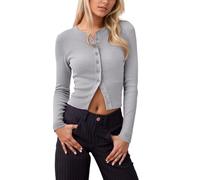 MODSGUE Cárdigan corto y ligero para mujer, elegante, manga larga, cómodo, básico, invierno, clásico, cuello redondo, abrigo de punto con botones para primavera, gris claro, XL