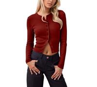 MODSGUE Cárdigan corto y ligero para mujer, elegante, manga larga, cómodo, básico, invierno, clásico, cuello redondo, abrigo de punto con botones para primavera, burdeos, S