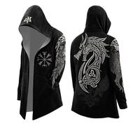 MODSGUE Chaqueta de invierno vikingo de forro polar de cordero, cálida, con capucha, parka, tatuaje, estilo medieval, informal, mitología nórdica, capa de juego de rol para exteriores, con capucha